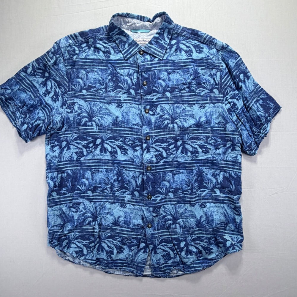 Tommy Bahama Men's Blue Palm Tree Print Short Sleeve Button‎ Up Shirt L/G - Picture 2 of 7